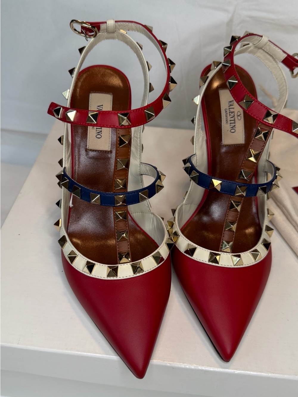 Valentino Red, White & Navy Rockstud Pointed Slingback Heels - Picture 3 of 8